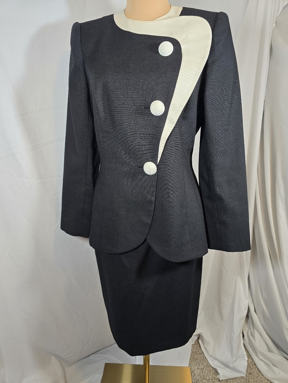 Vintage Black and Cream Contrast Button Jacket & Skirt - Women